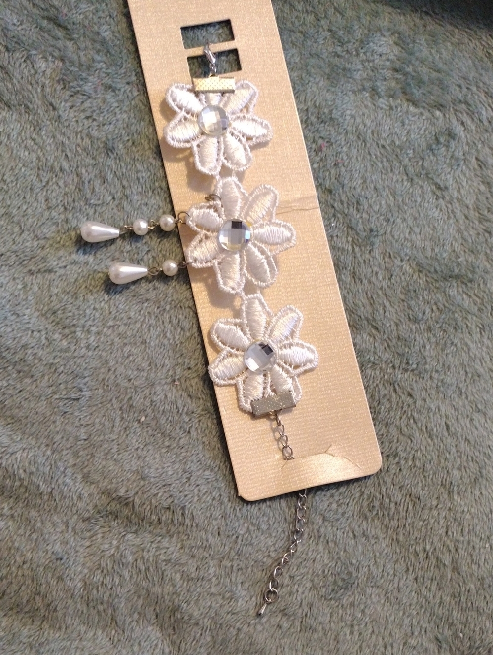 3/$15 - White Floral Lace Bracelet with Crystal Accents